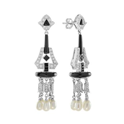 Art Deco White Gold Pearl & Onyx Earrings. Title/Medium: Art Deco White Gold Pearl & Onyx 