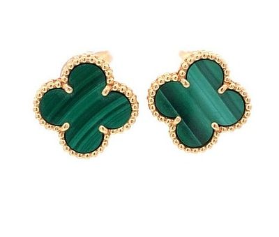 Van Cleef & Arpels Vintage Alhambra Green Malachite 18K Yellow Gold Earrings. Title/Medium: 