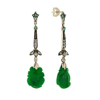 Vintage Carved Jade Emerald Diamond Earrings. Title/Medium: Vintage Carved Jade Emerald 