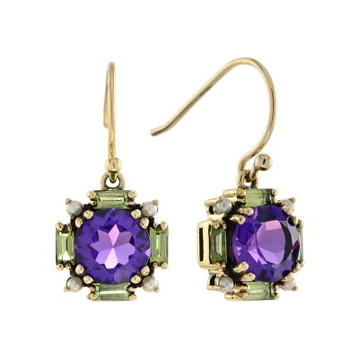 Amethyst & Peridot 9K Gold Dangle Earrings. Title/Medium: Amethyst & Peridot Dangle Earrings 
