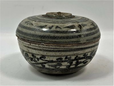 Thai Sawankhalok Covered Jar, 14th Century. Title: Miniature, Cabinet Sized Green White Thai 
