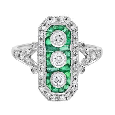 Art Deco Diamond & Emerald Three Stone Ring. Title/Medium: Art Deco Diamond & Emerald Three 