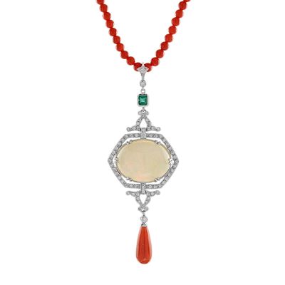 12.42 Ct. Ethiopian Opal & Coral Art Deco Necklace. Title/Medium: 12.42 Ct. Ethiopian Opal & 