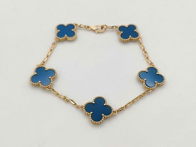 Van Cleef & Arpels Vintage Alhambra Blue Agate 5 Motif 18K Yellow Gold Bracelet. Title: Van 