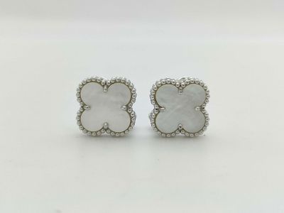Van Cleef & Arpels Vintage Alhambra White Mother of Pearl 18K White Gold Earrings. Title/Medium: 