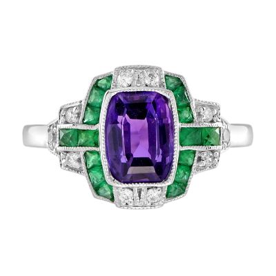 Art Deco 14K White Gold Amethyst & Emerald Ring. Title/Medium: Art Deco 14K White Gold 