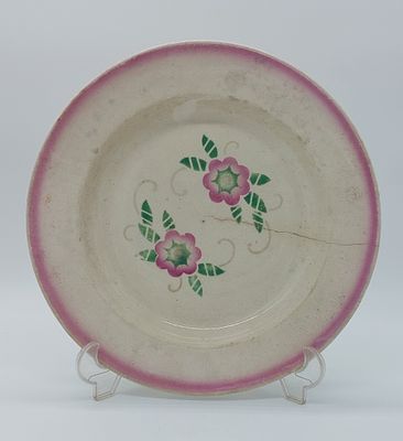Deep Plate in Portuguese Faience
. Marked on the base Massarelos, edge bordered in rose in the 