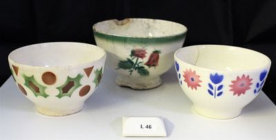 3 Earthenware bowls. 3 earthenware bowls, two from the Sacav&eacute;m factory and one from the 