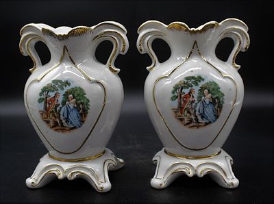 porcelain - Pair of porcelain planters. European, with hollow handles and polychrome floral 