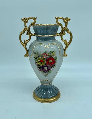 Portuguese porcelain vase with a bowl-shaped body and two handles. Painted porcelain with