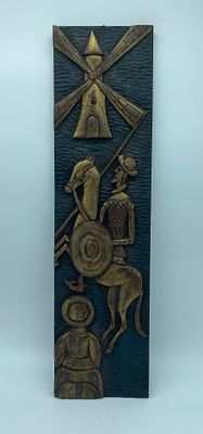 Wooden plaque. Molded wooden plaque depicting human figures, animals and landscape, alluding to
