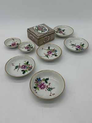 Eight Pieces in Oriental Porcelain
. Molded and embossed, marked on the base, two small glasses 