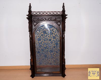 Oratory in Pau Wood - Rose. Glazed front door, with fabric-lined interior, glass sides, carved 