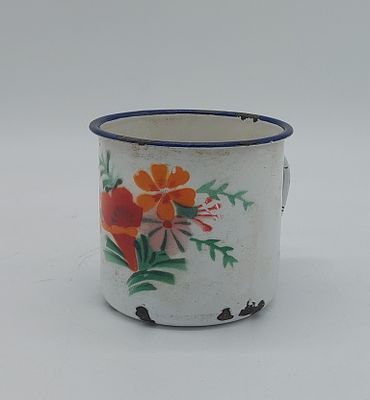 Old Ceramic Mug
. Cylindrical body with openwork side handle, polychrome floral decoration, on a 