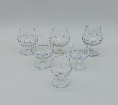 Six Glass Balloon Cups
. Round shaped body, different sizes, with measurements in blue, with 