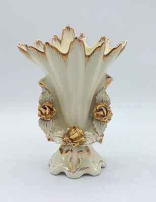 French Porcelain Altar Jar
. Molded and embossed, unmarked, Old Paris, scalloped edge with gold 