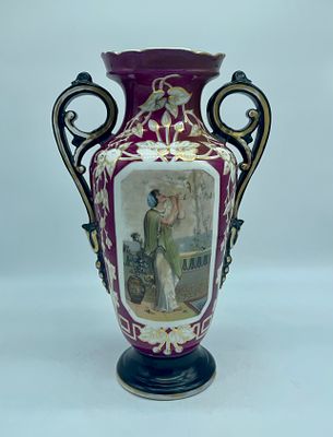 Old Paris style porcelain vase. Polychrome floral decoration on a burgundy background, hollow 