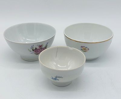 Three Earthenware Bowls
. Conical shaped bodies supported on a round base, with polychrome 