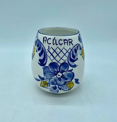 Portuguese faience sugar bowl. White base with polychrome hand painting. Marked on the base: 