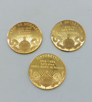 Three Religious Medals
. Round shaped bodies in gilded metal, with relief decoration in good 