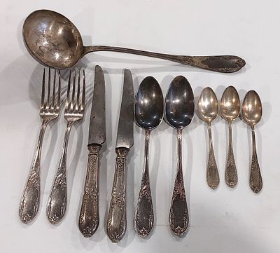 Assortment of Ten (10) Pieces. Soup ladle, two forks, two knives, two soup spoons and three 