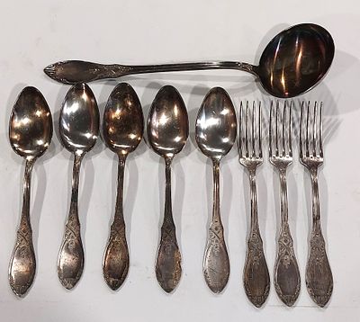 Assorted Nine (9) Pieces
. Five tablespoons, one ladle, and three forks in silver-plated metal 