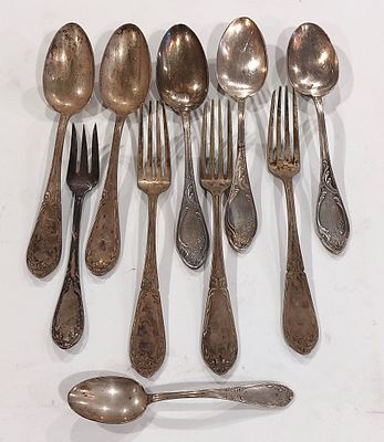 Assortment of Ten (10) Pieces. Five tablespoons, three forks, one dessert spoon and one 