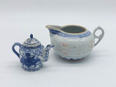 Two Teapots in Chinese Porcelain
. Molded and embossed, marked at the base, with monochrome 