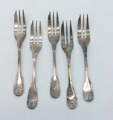 Five Silver Metal Forks
. Silver-plated metal bodies, marked Cristofle, with signs of use as 