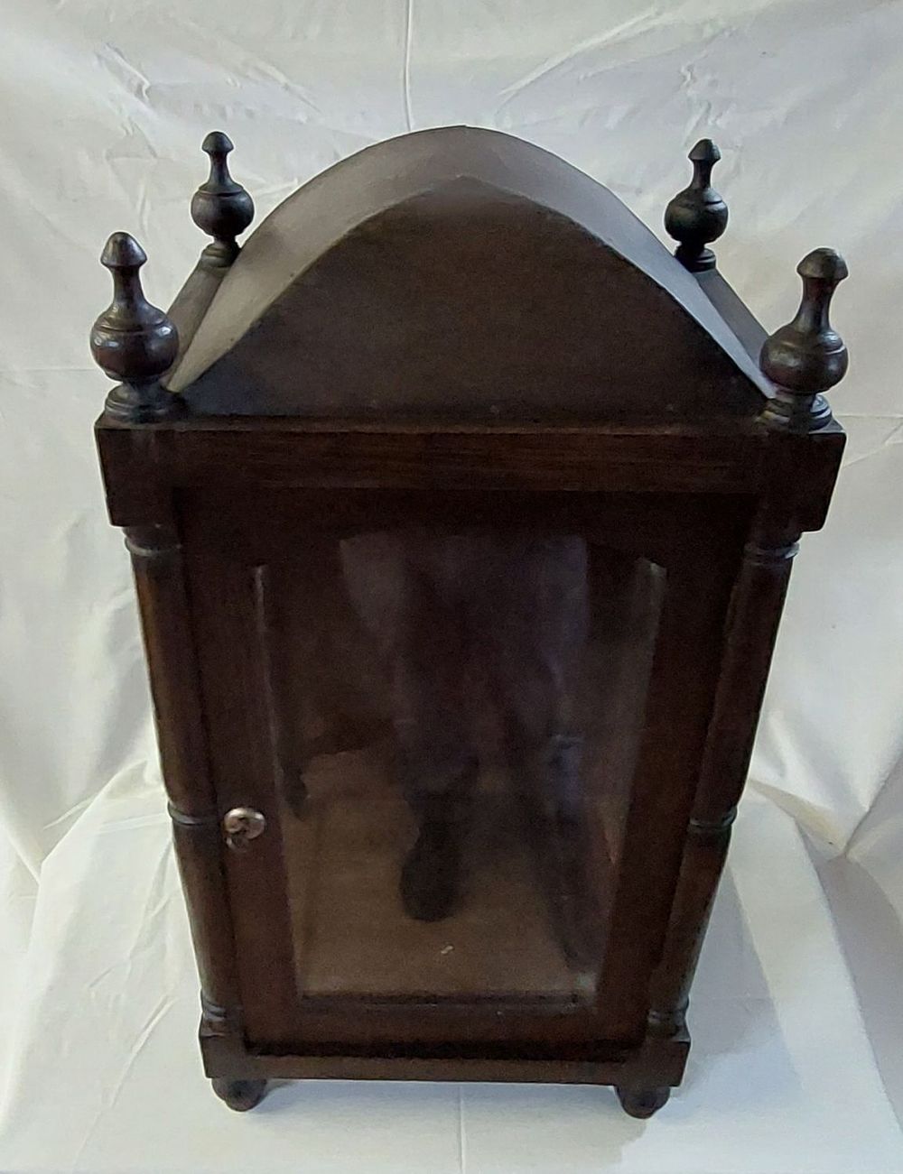 Oratory with Door
. Solid brown wood with a front door with key, two side windows, oval dome 
