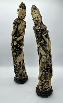 Pair of Marfinite Sculptures
. Representing a couple with carved decoration in relief supported 