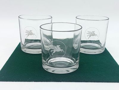 Three Advertising Glass Cups
. Cylindrical bodies, with Mobil decoration in white, with minimal 