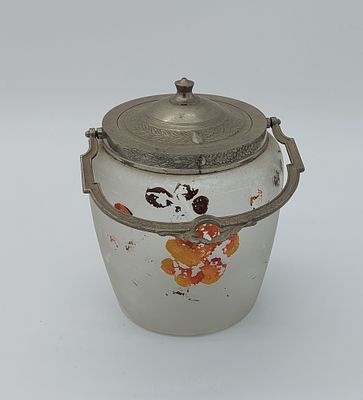 Dark Glass Candy Box
. Cylindrical body, with lid and handle in silver metal with carved 