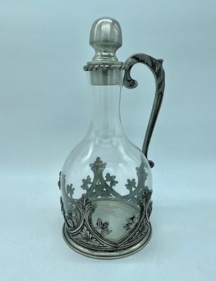 Glass and Tin Vase. Glass body, bulbous shape with handle, neck, lid and base in pewter. Marked 