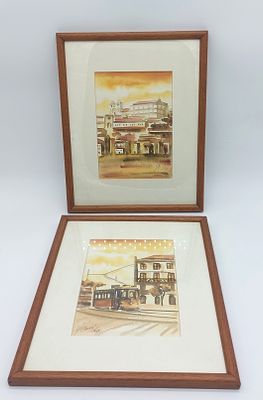 Duas Litografias Assinadas . Corpos em formato retangular emolduradas em madeira de cor castanha 