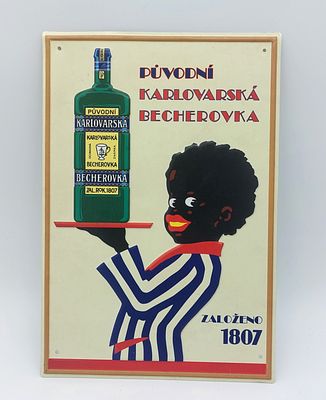 Placa Publicit&aacute;ria em Metal Licor Becherovka. Corpo em formato retangular, com decora&ccedil;&atilde;o 