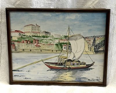 Douro River Framed in Porto
. Rectangular body, wooden frame, painting signed Shancez 92, with 