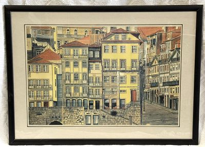 Framed Urban Landscape of Porto
. Rectangular body, black lacquered wooden frame, lithograph 