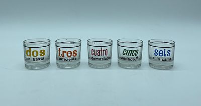 Five Glass Cups
. Five glass tumblers. Cylindrical-shaped bodies. Polychrome decoration. Each 