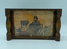 Wooden tray. Rectangular tray with raised wooden body and two handles. In the centre is a wood Image - 1