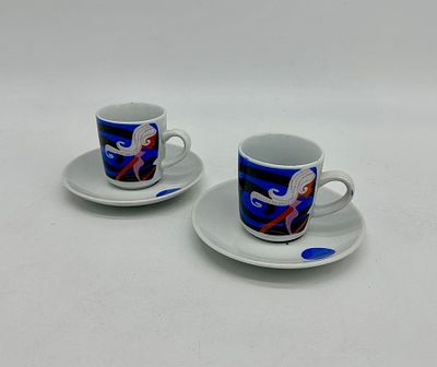 Two cups and saucers in fine porcelain by MN Decor. The cups feature graphics reminiscent of 