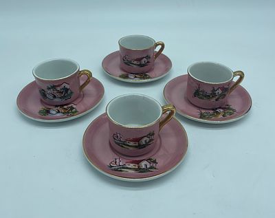 Four portuguese porcelain cups and saucers. Four porcelain cups and saucers. Pieces painted in 