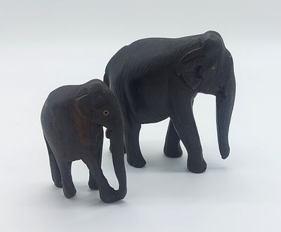 Two Wooden Sculptures
. Bodies made of exotic wood, representing elephants, folk art with 