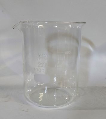 Glass Becker
. Cylindrical body, flat bottom, and a small spout to help pour liquids without 
