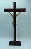 Crucifix with wooden base and cross and a polychrome painted ivory figure of Jesus Christ. The Image - 2