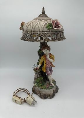 Porcelain table lamp. Moulded and relief porcelain table lamp depicting a boy in nature. White 