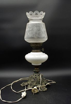 table lamp. Electrified, hollow metal base with white opaline glass, topped with a frosted glass 