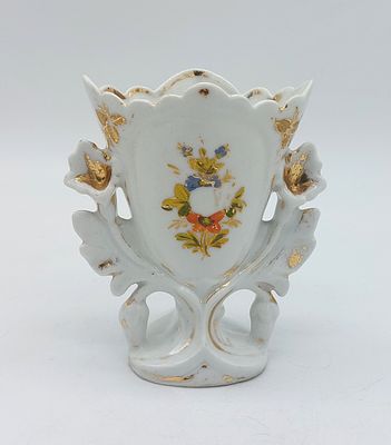 French Porcelain Altar Jar
. Molded and embossed, unmarked, Old Paris, scalloped edge and gold 