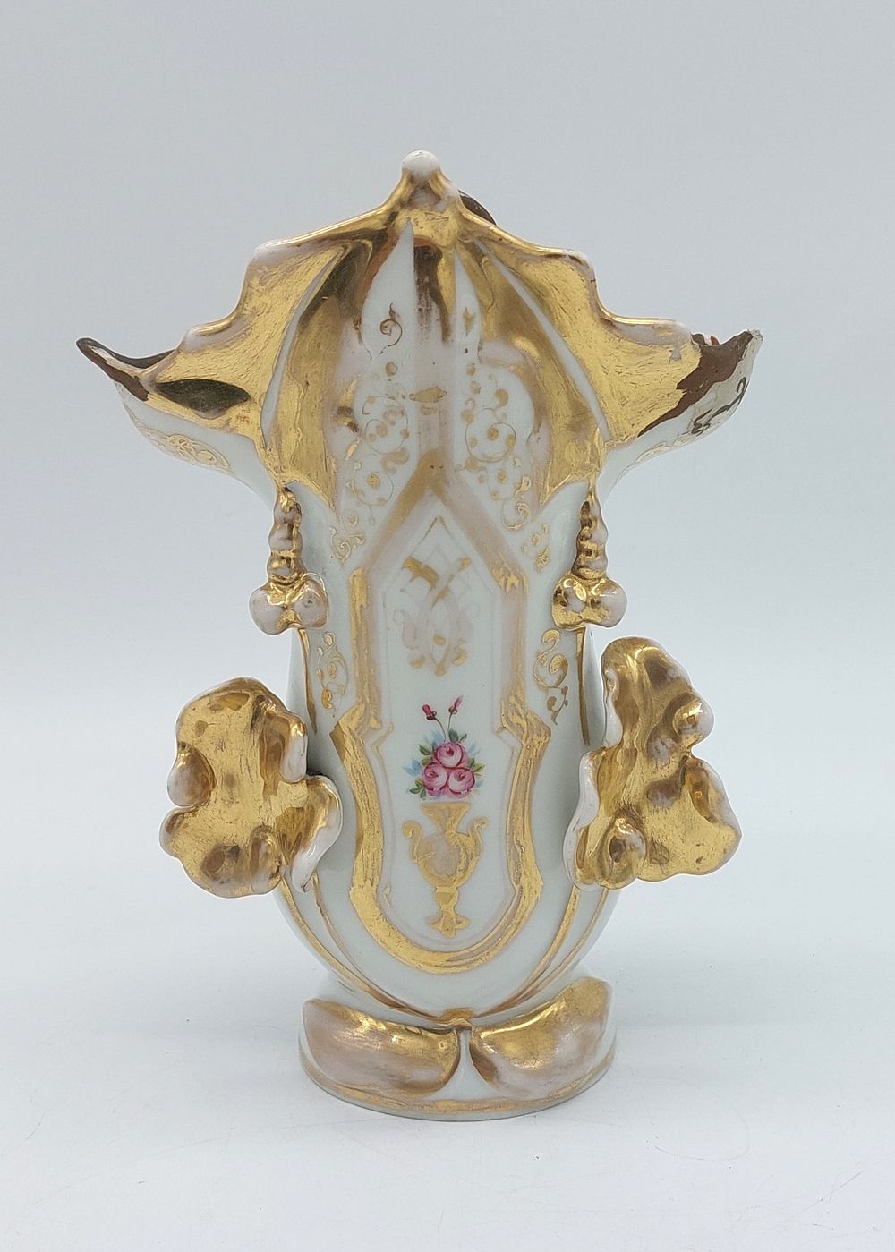 French Porcelain Altar Jar
. Molded and embossed, unmarked, scalloped edge and gold trim with 