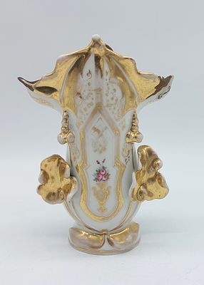 French Porcelain Altar Jar
. Molded and embossed, unmarked, scalloped edge and gold trim with 
